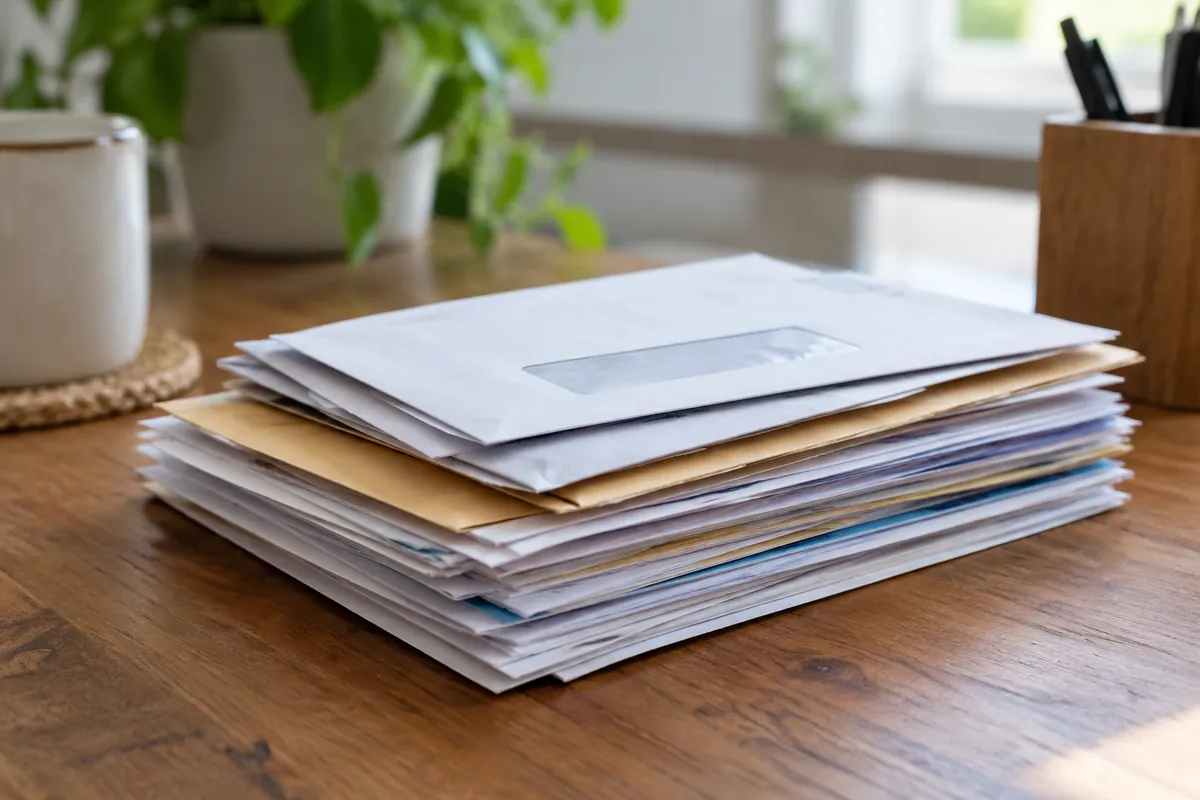 A stack of mail on a kitchen table